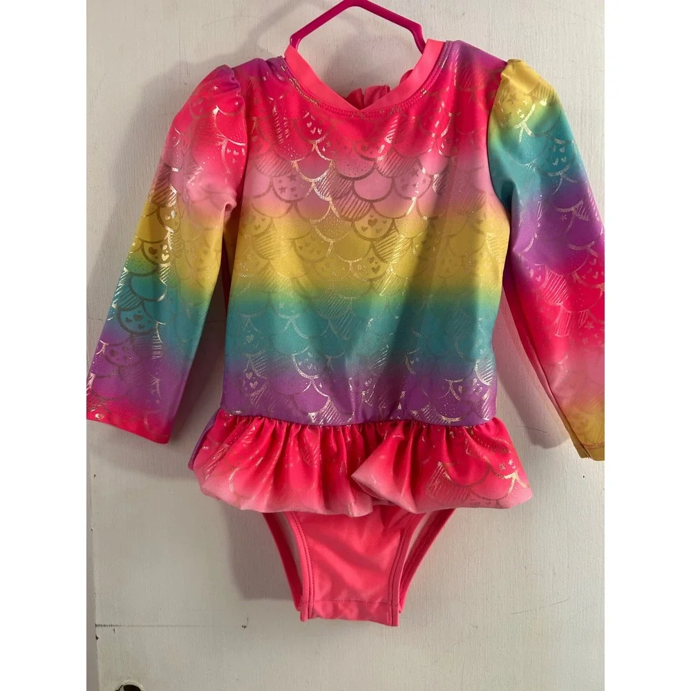 Cat & Jack Swimsuit 2T Rainbow Mermaid Scale Long Sleeve Ruffle Girls One Piece